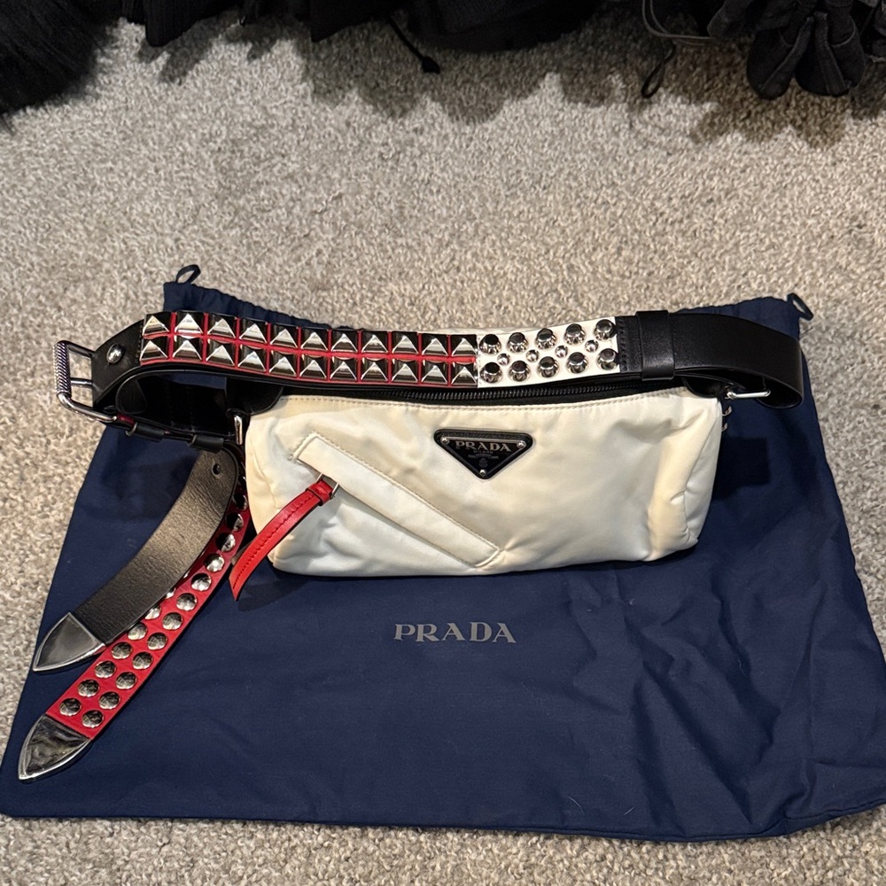 Prada Black and White Belt Bag with Red Studs